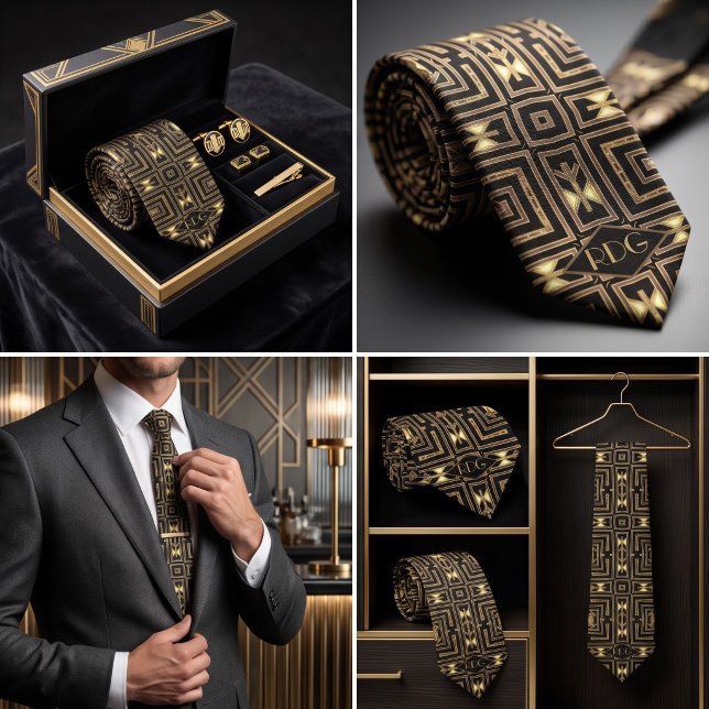 Black Gold Art Deco Geometric Monogram Slips (necktie featuring a black, taupe, and glowing yellow geometric Art Deco and Aztec inspired pattern)