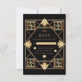 Black & Gold Art Deco Geometric Wedding  OSA Kort
