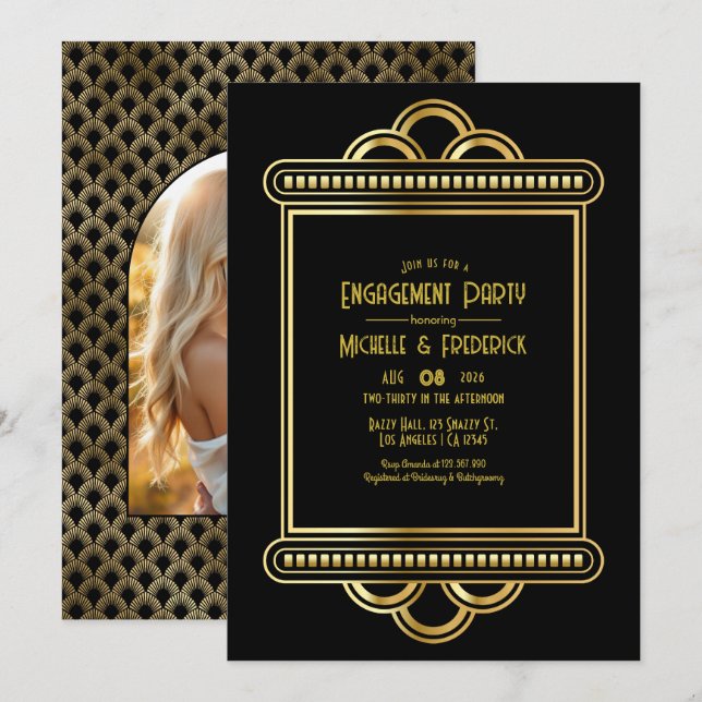 Black & Gold Art Deco Gold Engagement Party Photo Inbjudningar (Fram/baksida)