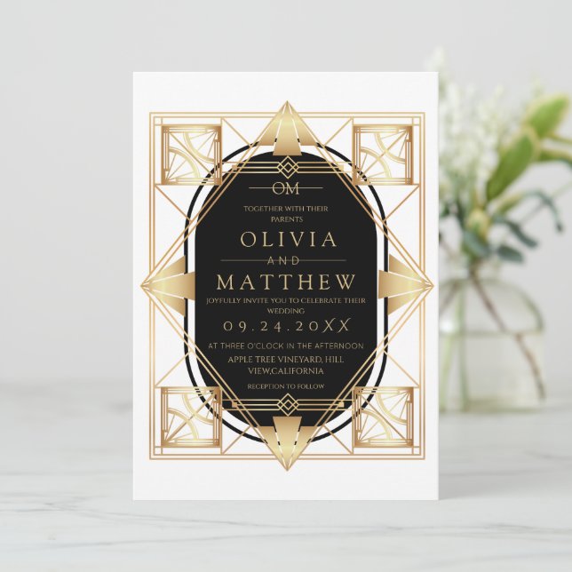 Black & Gold Art Deco Wedding Invitation  Inbjudningar (Stående Fram)