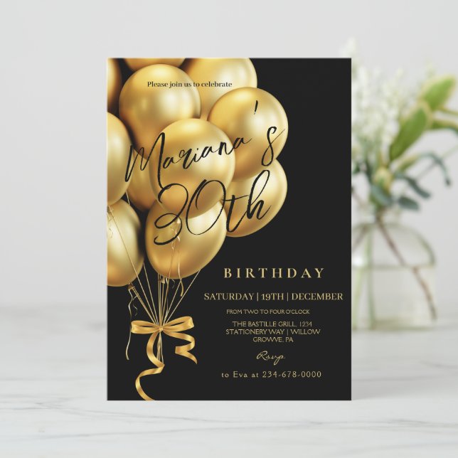  Black & Gold Balloon bow Birthday Party Inbjudningar (Stående Fram)