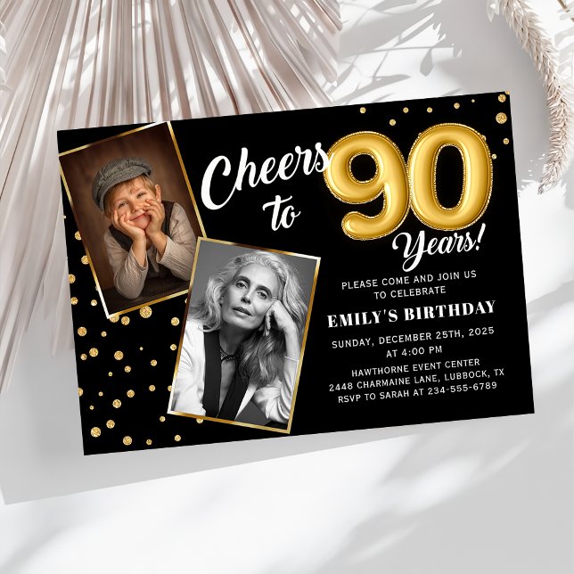 Black Gold Balloons 90th Birthday Photo Invitation Inbjudningar (Skapare uppladdad)