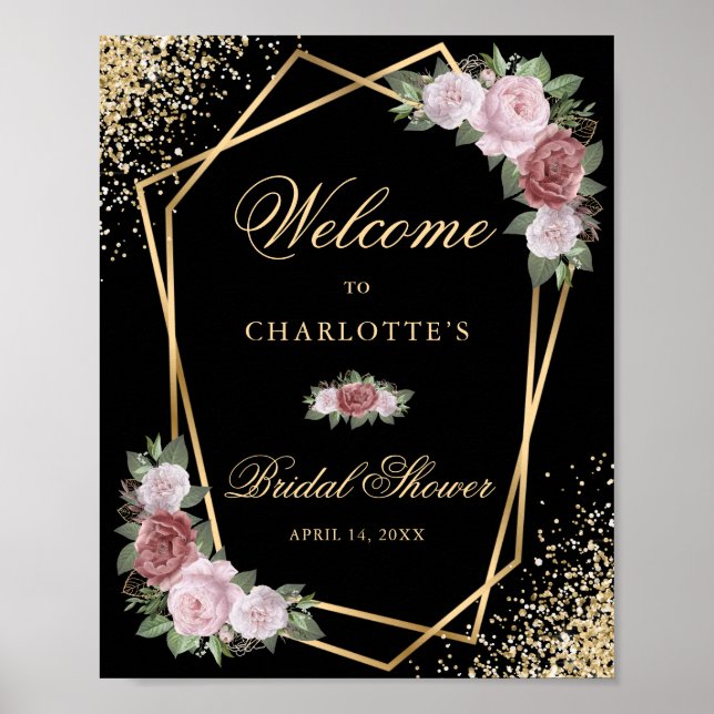 Black Gold Blush Floral Bridal Shower Welcome Sign Poster (Framsidan)