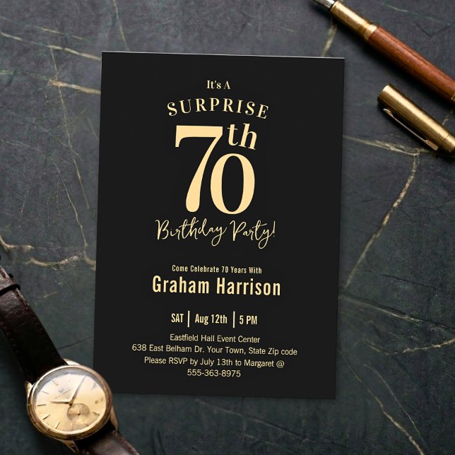 Black Gold Bold Typography Men's 70th Birthday Inbjudningar (Skapare uppladdad)