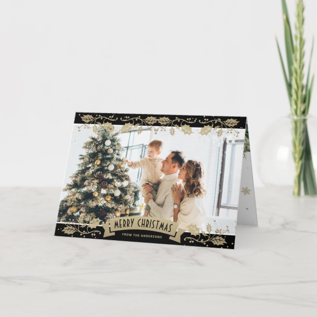 Black Gold Botanical Photo Christmas Card Kort (Framsida)