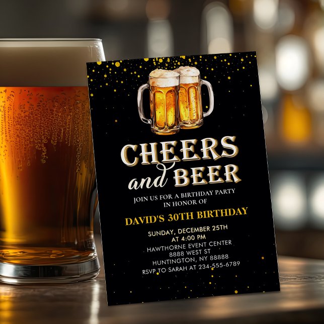 Black Gold Cheers and Beers Birthday Invitation Inbjudningar (Skapare uppladdad)