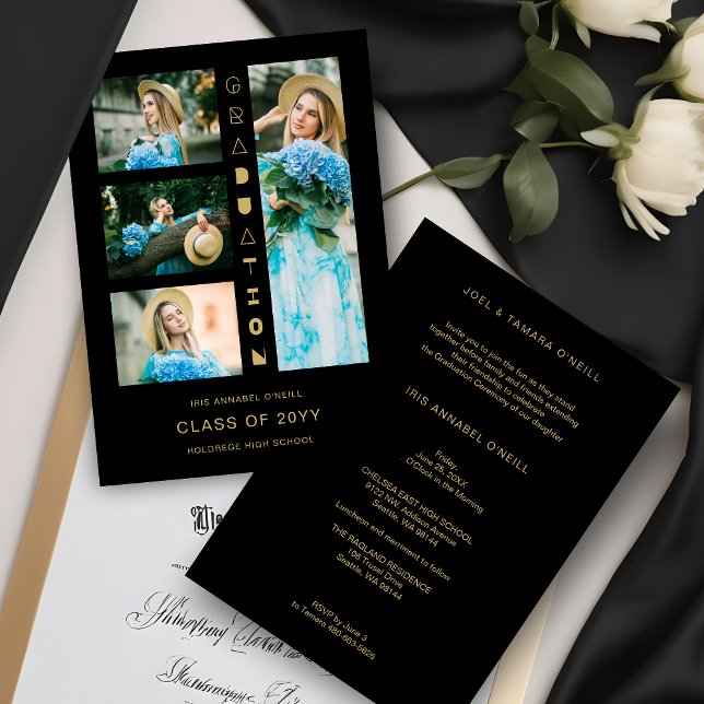 Black Gold Chic 4 Multi-Photos Funny Script Invita Inbjudningar (Black & Faux Gold Sophisticated 4 Multi-Photos Collage Whimsical Script Graduation Invitation Card.)