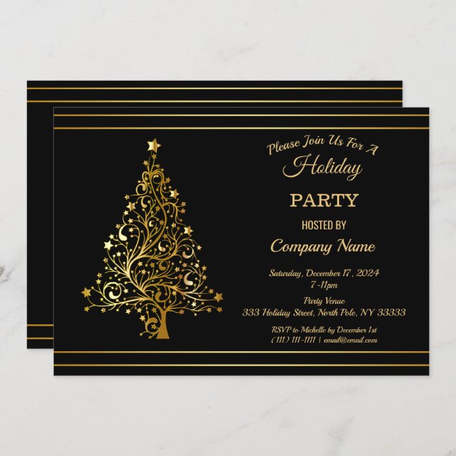 Black Gold Christmas Tree Corporate Holiday Party  Inbjudningar (Fram/baksida)