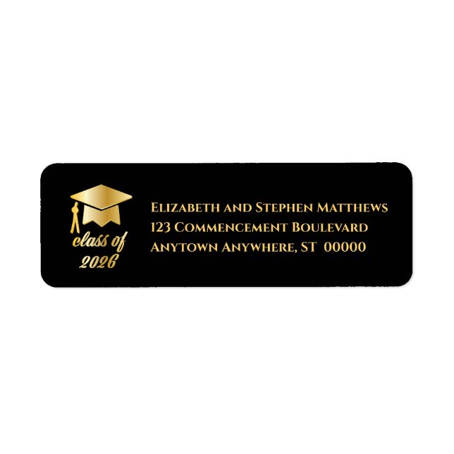 Black | Gold Class of 2026 Graduation Cap Label Returadress Etikett (Framsidan)