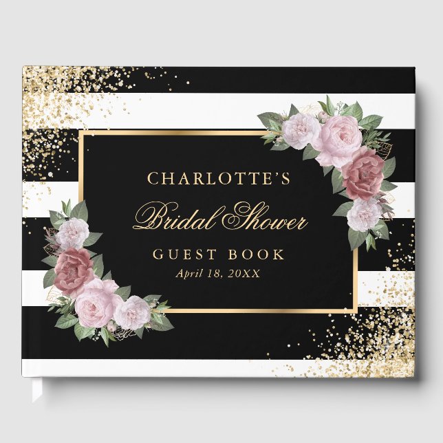 Black Gold Confetti Blush Floral Bridal Shower Gästböcker (Framsida)