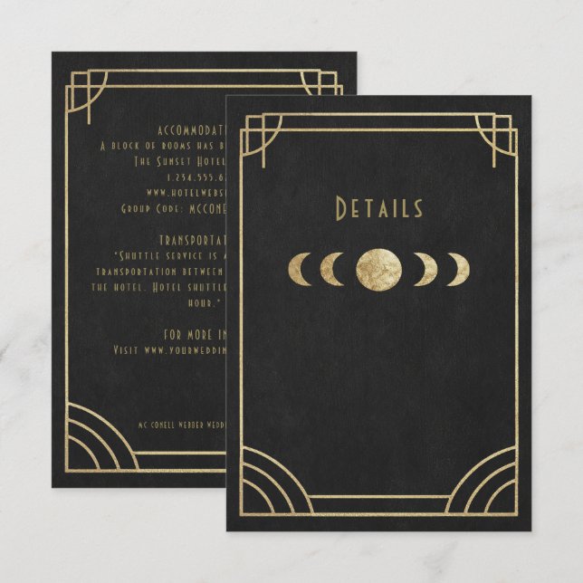 Black & gold deco wedding details card tilläggskort (Fram/baksida)