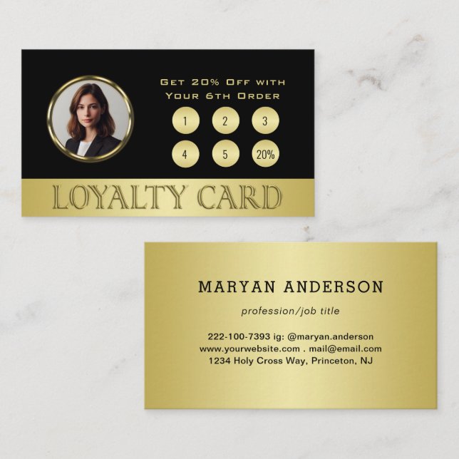 Black & gold design, Logo or Photo in gold circle, Lojalitetskort (Fram/baksida)