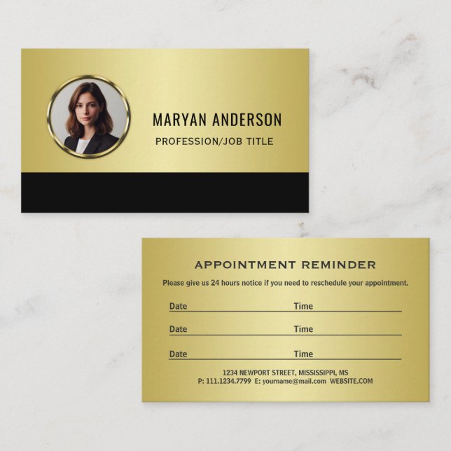 Black & gold design, Logo or Photo in gold circle, Tidsbeställning Kort (Fram/baksida)