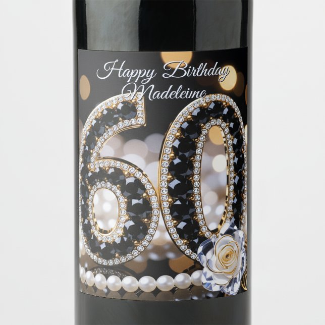 Black Gold Diamond Pearls White Rose 60th Birthday Vinflaska Etikett (Skapare uppladdad)