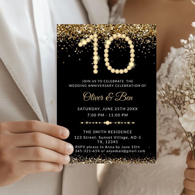 Black & Gold Diamonds 10th Anniversary Inbjudningar (Gold Diamonds 10th Anniversary Invitation)