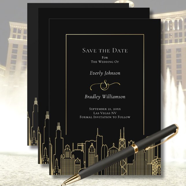 Black Gold Elegant Las Vegas Skyline Save the Date Inbjudningar (Skapare uppladdad)