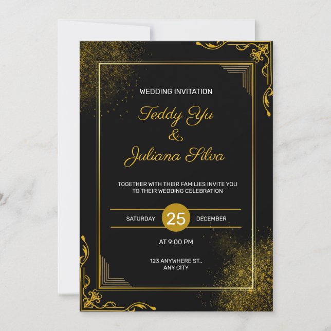 Black Gold Elegant Modern Wedding Invitation Inbjudningar (Framsida)