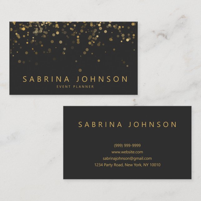 Black Gold Elegant Party Planner Business Card Visitkort (Fram/baksida)