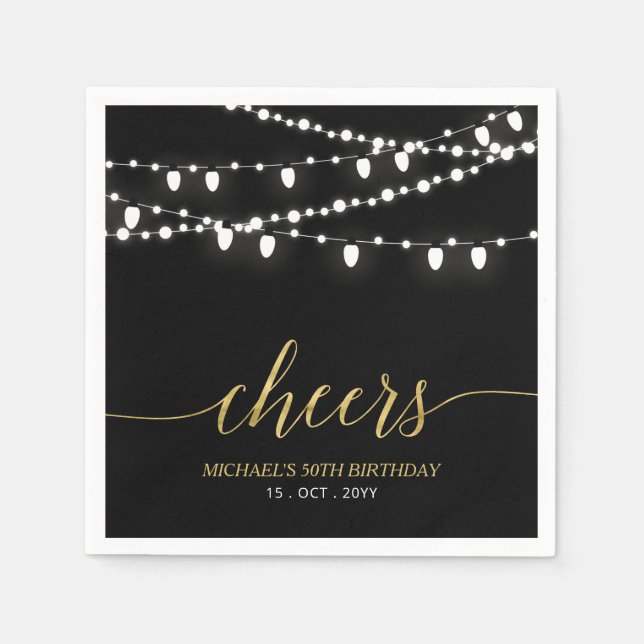 Black & Gold | Eleganta Ljus Vuxen Födelsedagsfest Pappersservett (Framsidan)
