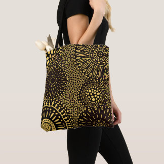 Black Gold Ethnic Floral Pattern Tote Bag Tygkasse