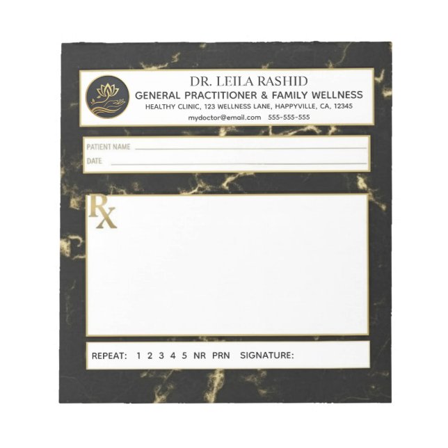 Black & Gold Faux Marble Doctor Prescription Anteckningsblock (Framsida)