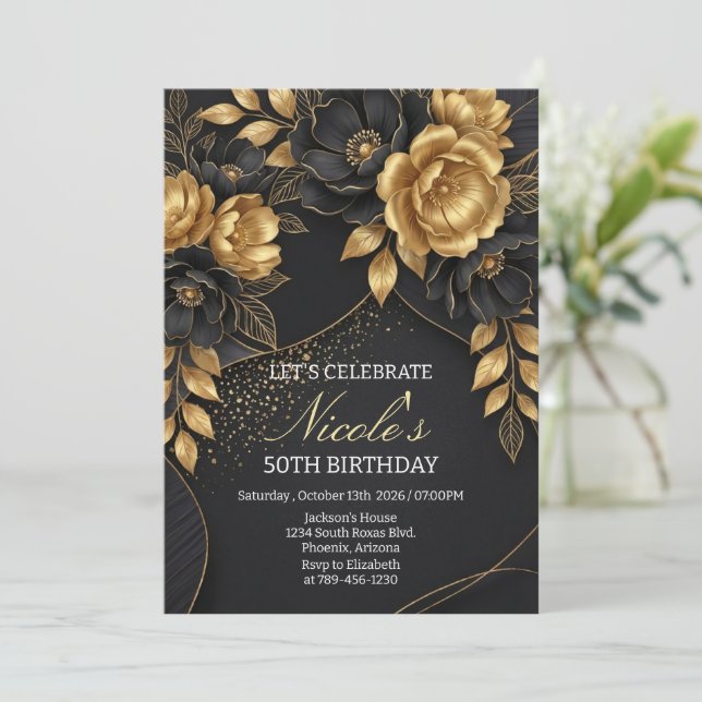Black & Gold Floral 50th Birthday Inbjudningar (Stående Fram)