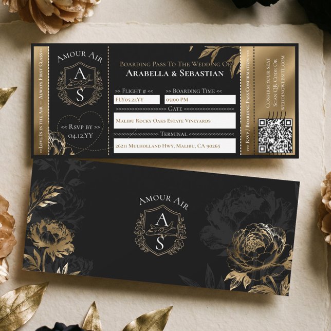 Black Gold Floral Boarding Plane Ticket Wedding Inbjudningar (Black Gold Floral Boarding Plane Ticket Wedding Invitation)