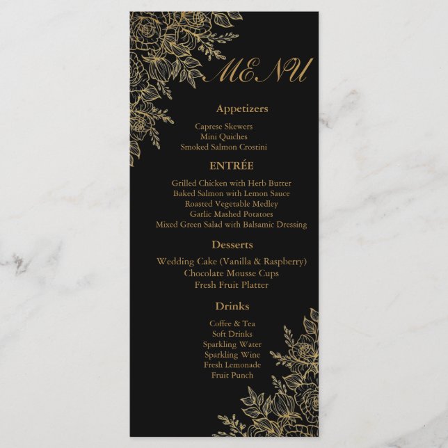Black Gold Floral Glam Wedding Reception Menu Card Meny (Framsida)