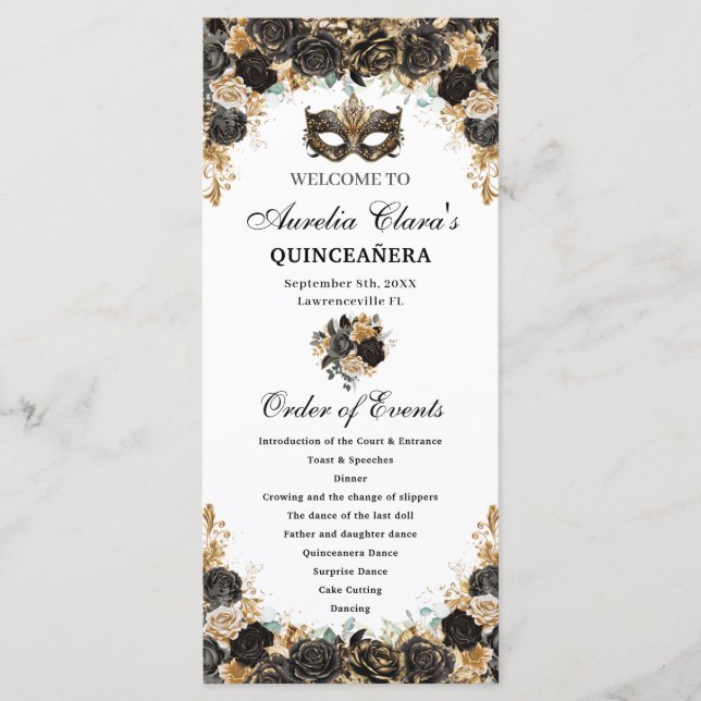 Black Gold Floral Masquerade Mask Quinceañera  Program (Framsida)