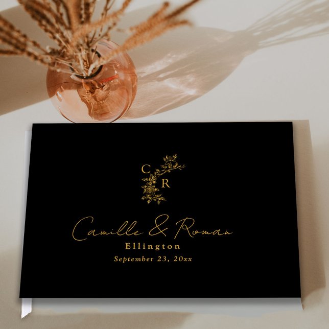 Black/Gold Floral Monogram Calligraphy Wedding Gästböcker (Skapare uppladdad)