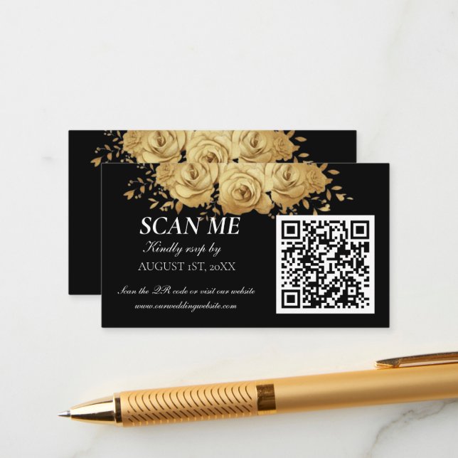 Black Gold Floral Rose Classic Wedding RSVP  Tilläggskort (Fram/Back In Situ)