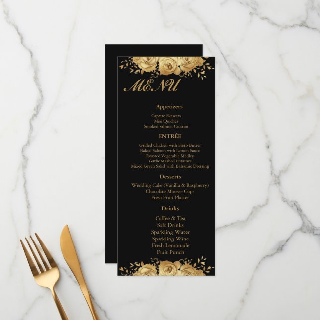 Black Gold Floral Rose Glam Wedding Reception Menu Meny (Fram/Back In Situ)