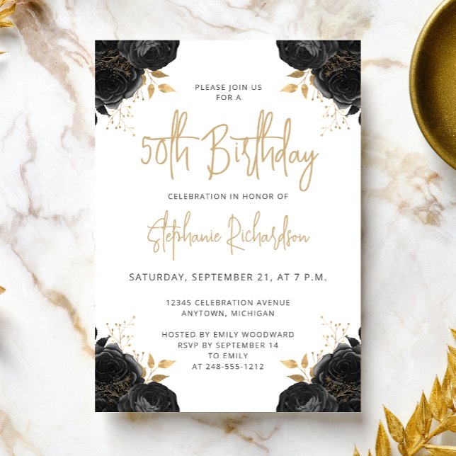Black Gold Floral White 50th Birthday Invitation Inbjudningar (Skapare uppladdad)