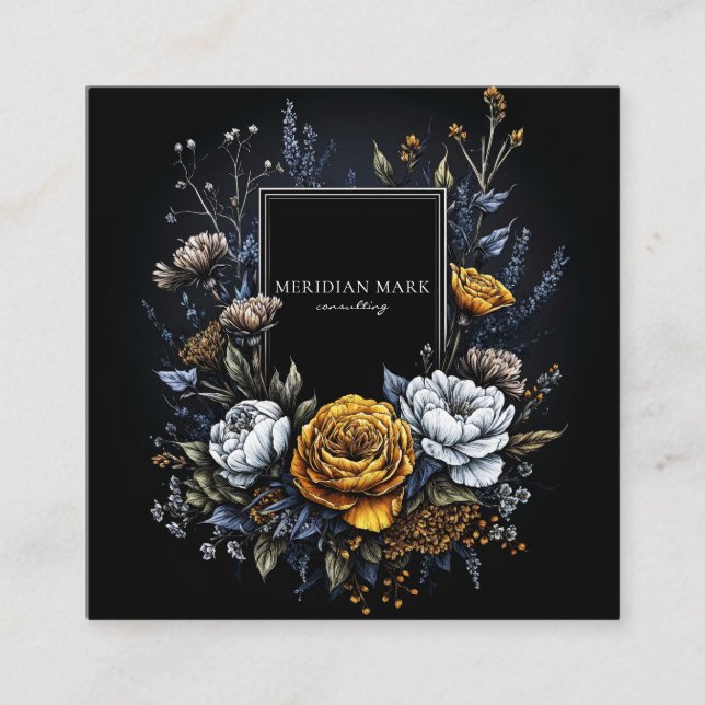 Black Gold Floral Wreath Dark Academia Elegant Fyrkantigt Visitkort (Framsida)