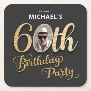 Black Gold Foil Anpassningsbar Photo 60 Birthday Underlägg Papper Kvadrat