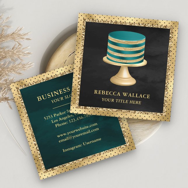 Black Gold Foil Anpassningsbar Teal Cake Bakery Fyrkantigt Visitkort (Skapare uppladdad)