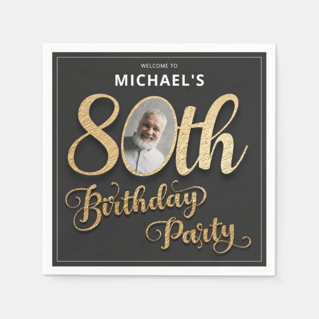 Black Gold Foil Custom Photo 80th Birthday  Pappersservett (Framsidan)