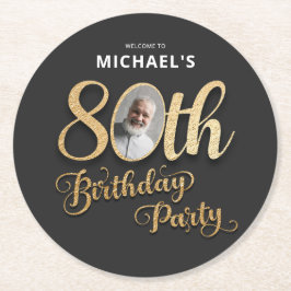 Black Gold Foil Custom Photo 80th Birthday  Underlägg Papper Rund