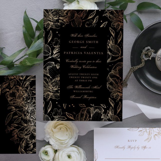 Black Gold Foil Flowers Hand plockade Elegant bröl Inbjudningar (Skapare uppladdad)