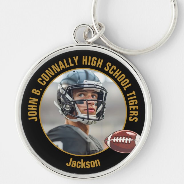 Black Gold Football Player Photo Commemorative Rund Silverfärgad Nyckelring (Framsidan)