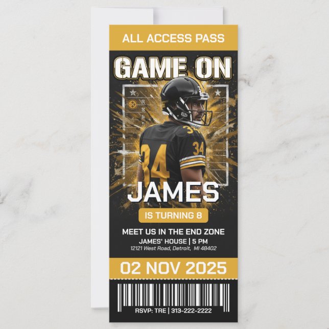 Black & Gold Football Ticket Birthday Invitation Inbjudningar (Framsida)