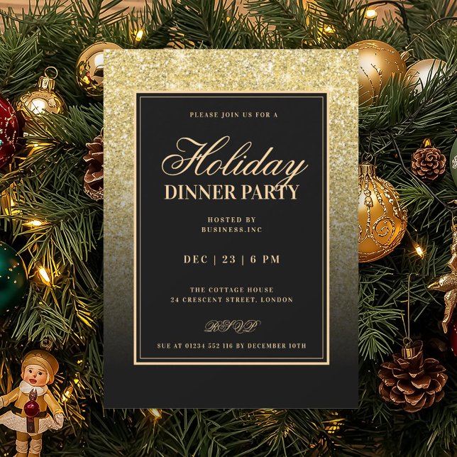 Black & Gold Glam FAUX Glitter Holiday Dinner  Inbjudningar (Black & Gold Glam FAUX Glitter Holiday Dinner Invitation)