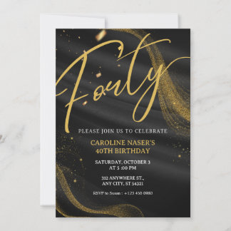 Black & Gold Glitter 40th Birthday Invitation Inbjudningar