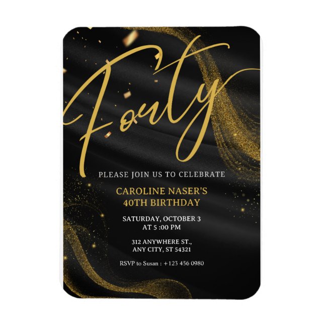 Black & Gold Glitter 40th Birthday Invitation   Magnet (Vertikal)