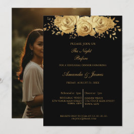 Black Gold Glitter Floral Photo Rehearsal Dinner  Inbjudningar