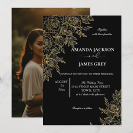 Black Gold Glitter Photo Back Glam Wedding Inbjudningar