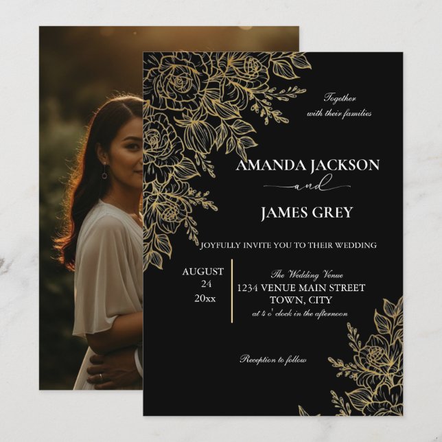 Black Gold Glitter Photo Back Glam Wedding Inbjudningar (Fram/baksida)