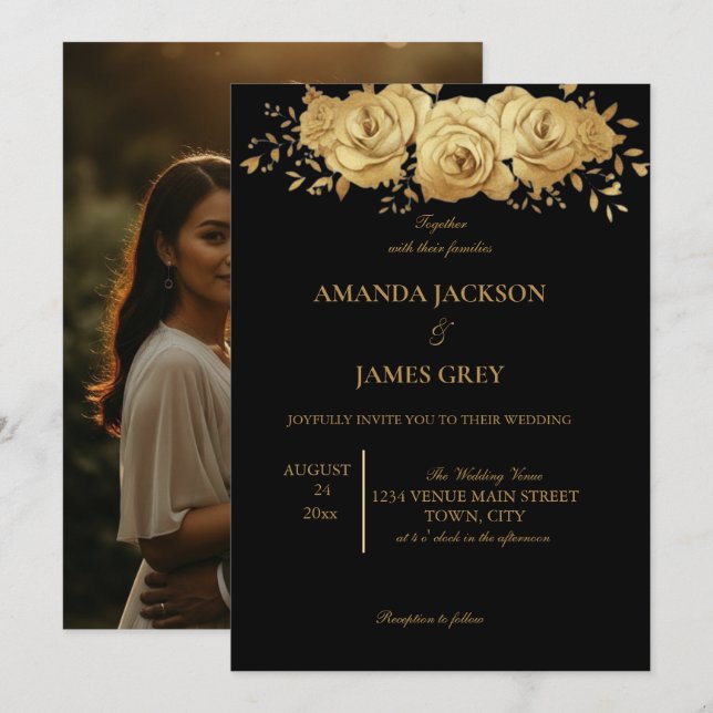 Black Gold Glitter Photo Back Glam Wedding  Inbjudningar (Fram/baksida)