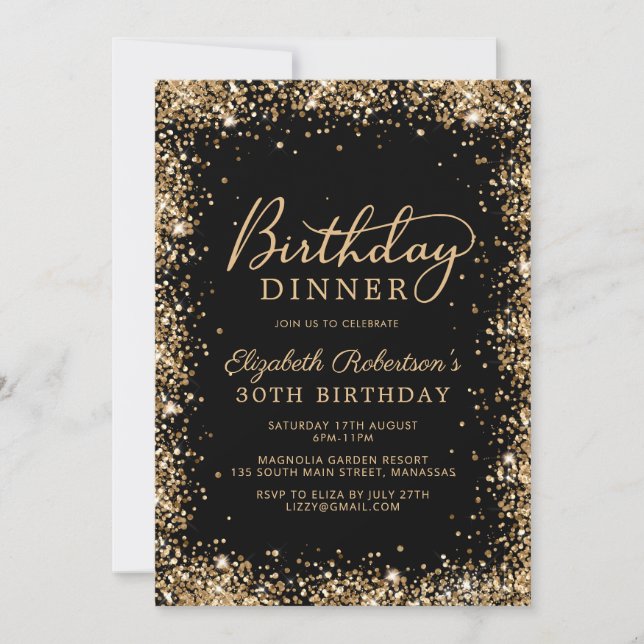 Black Gold Glitter Script 30th Birthday Dinner Inbjudningar (Framsida)
