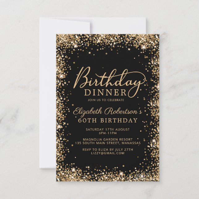 Black Gold Glitter Script 60th Birthday Dinner Inbjudningar (Framsida)